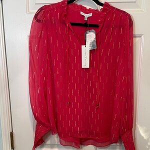 NWT Maison d’Amelie blouse top pink-red w metallic sheer sleeves lined body S